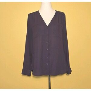 EXPRESS Collarless City Shirt‎ Blouse Womens Large Purple Plum V Neck EUC Button